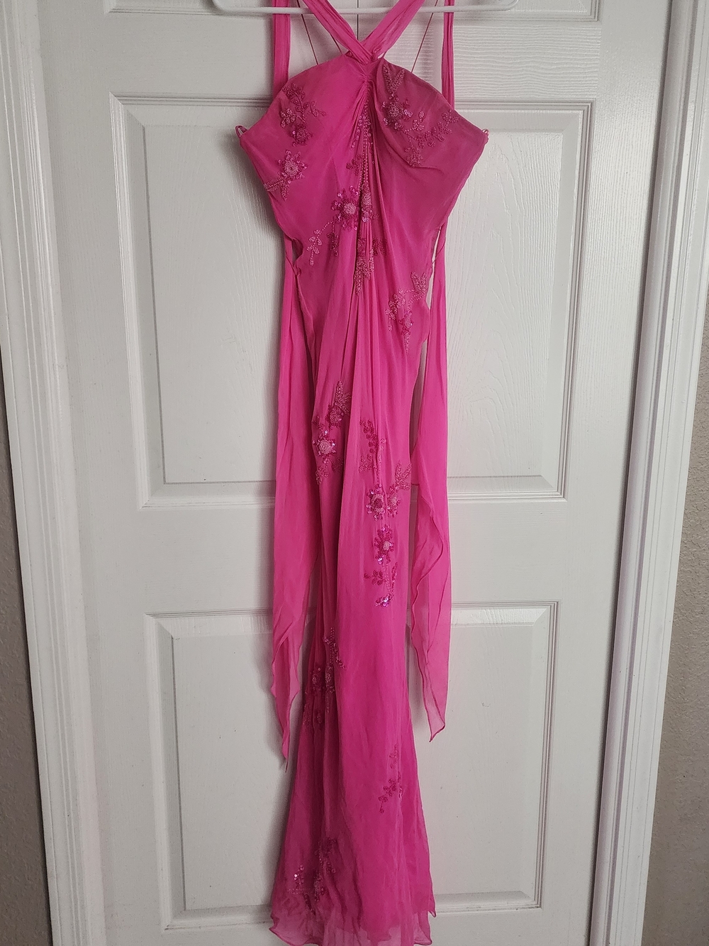 Vintage Y2K Scala Hot Pink 100% Silk Beaded Long Floral Gown, Size S